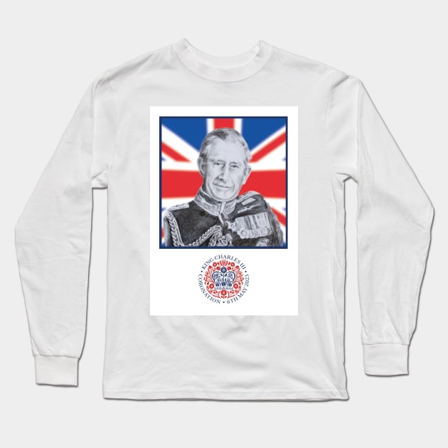 King Charles III Charcoal Portrait on Union Jack Long Sleeve T-Shirt by BenitaJayne